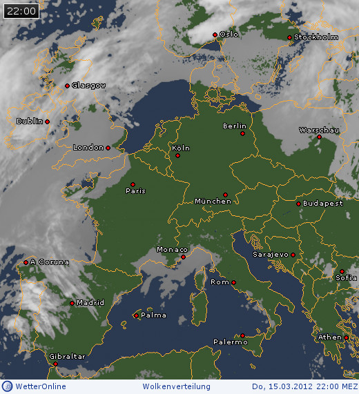 Wolkenverteilung über Mitteleruopa am 15.03.2012 um 22:00 MEZ