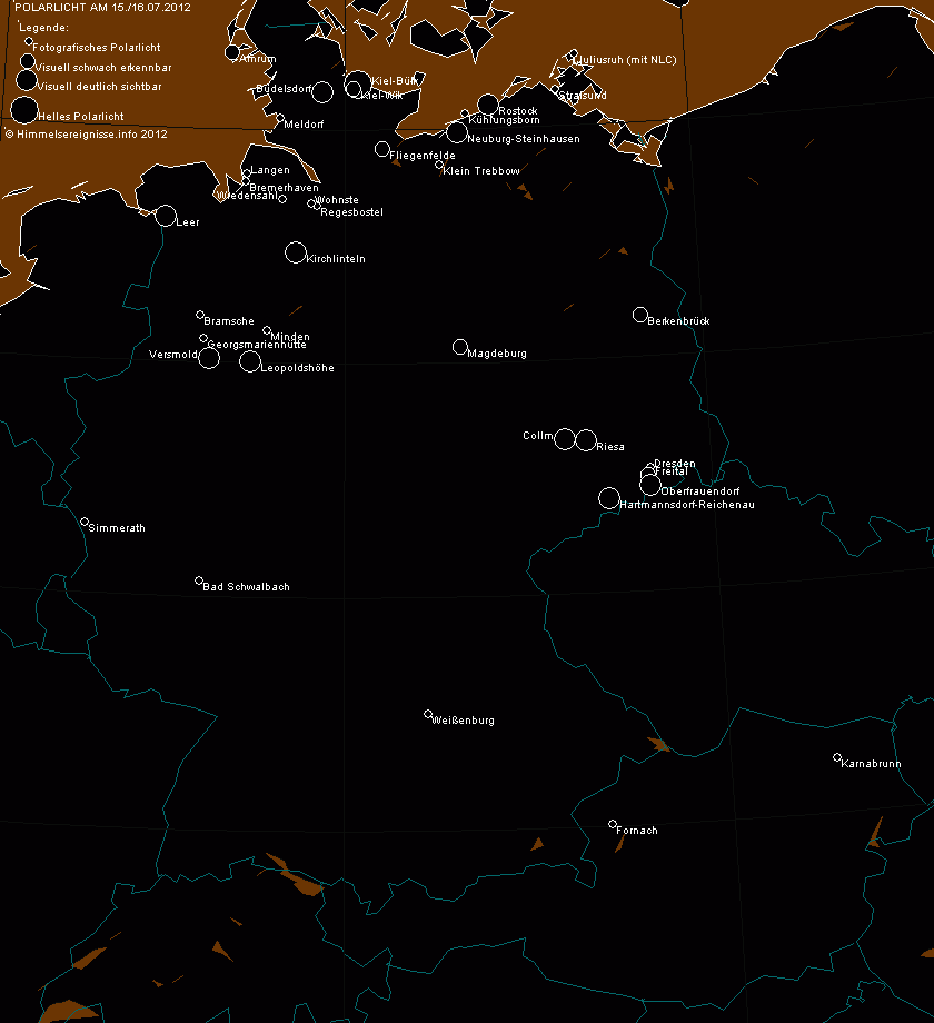 Geografische Verteilung und Helligkeit der Polarlichtbeobachtungen in Deutschland am 15./16.07.2012