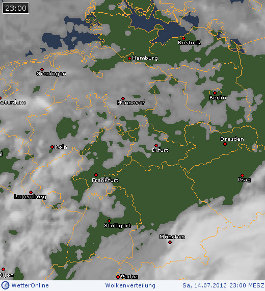 Wolkenverteilung über Mitteleuropa am 14.07.2012 um 23:00 MESZ